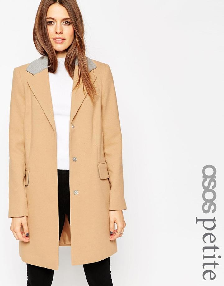 Asos Petite Coat In Contrast Collar - Camel