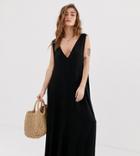 Asos Design Petite Plunge Trapeze Maxi Dress - Black