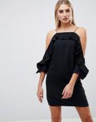Boohoo Pleat Trim Cold Shoulder Mini Dress In Black - Black