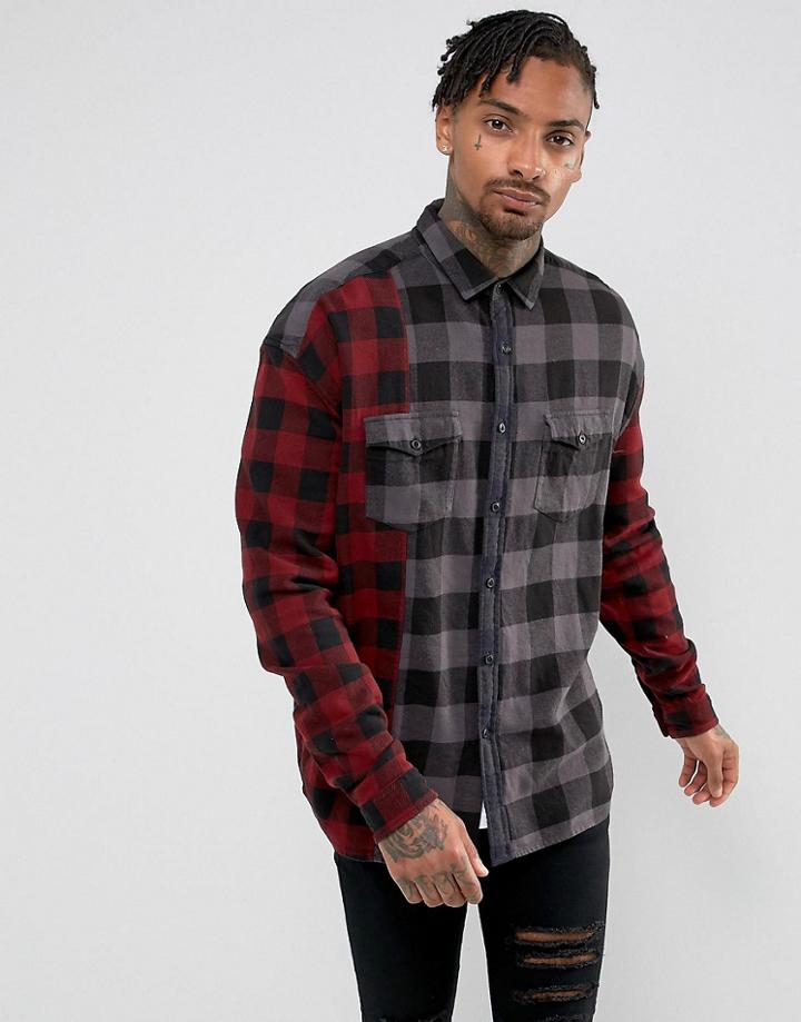 Asos Oversized Buffalo Cut And Sew Check Shirt - Red