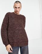 Asos Design Heavyweight Fisherman Rib Crew Neck Sweater In Burgundy Twist-red