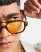 Asos Design Aviator Sunglasses In Tort With Yellow Lens-brown
