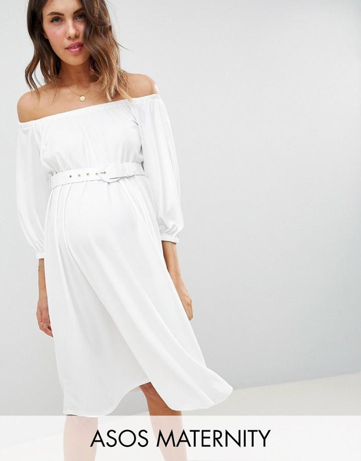 Asos Design Maternity Bardot Midi Dress With Belt