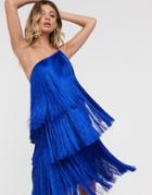 Asos Design Asymmetric Fringe Midi Dress-blue