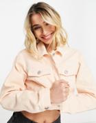 Miss Selfridge Super Cropped Denim Jacket In Peach-orange