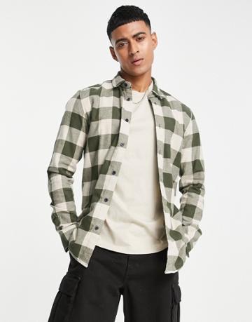 Only & Sons Buffalo Plaid Shirt In Khaki And Beige-green
