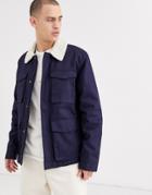 Asos Design Jacket With Wax Finish And Fleece Collar In Blue
