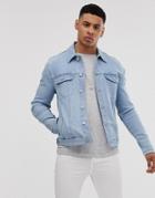 Asos Design Skinny Western Denim Jacket In Bleach Wash - Blue