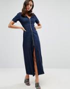 Liquorish Denim A Line Zip Front Maxi Dress - Blue