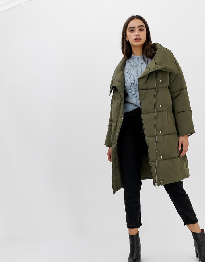 Miss Selfridge Longline Padded Coat In Khaki - Green