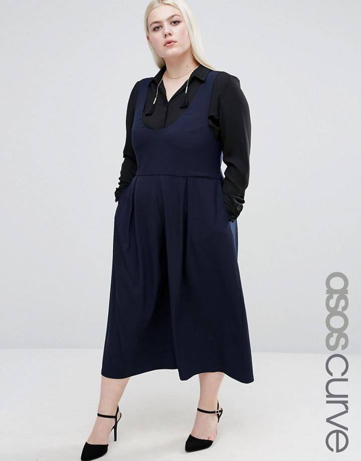 Asos Curve Pinafore With Scoop Neck - Navy