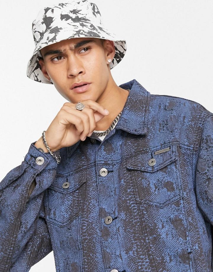 Liquor N Poker Snake Print Denim Jacket Set In Blue-black