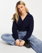 & Other Stories Cable Knit Sweater With Collar In Navy