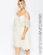 Asos Curve Embellished Skater Dress With Cold Shoulder & Flutter Sleeve - Cream