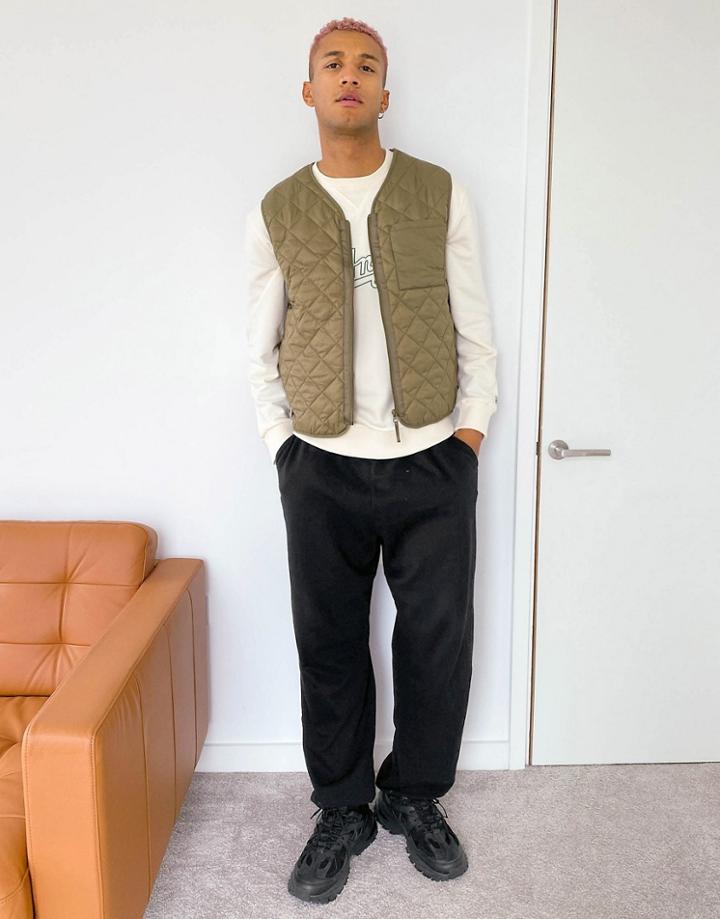 Asos Design Diamond Quilt Vest In Khaki-green