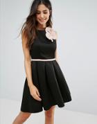 City Goddess Skater Dress With Floral Corsage - Black