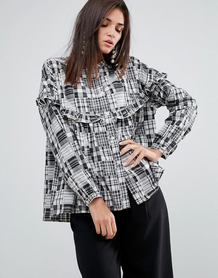 Ymc Patchwork Ruffle Shirt - Gray