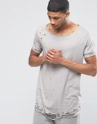 Asos Super Longline T-shirt With Distressed Hem And Sleeve - Tumble Weed