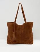 Asos Suede Shopper Bag With Weave Corners - Brown