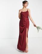 Asos Design Bridesmaid Cami Maxi Dress With Drape Detail Skirt In Wine-red