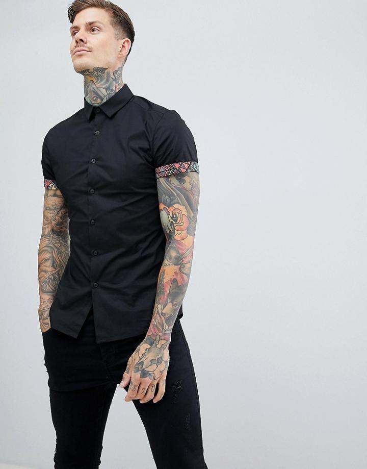 Asos Design Skinny Shirt With Geo-tribal Turn Up - Black