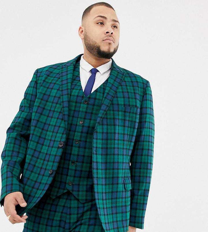 Asos Design Plus Wedding Skinny Suit Jacket In Blackwatch Plaid - Green