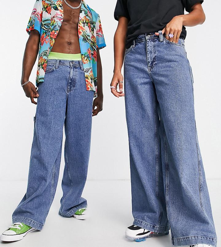 Collusion X018 Unisex Y2k Wide Leg Skater Jeans In Medium Blue