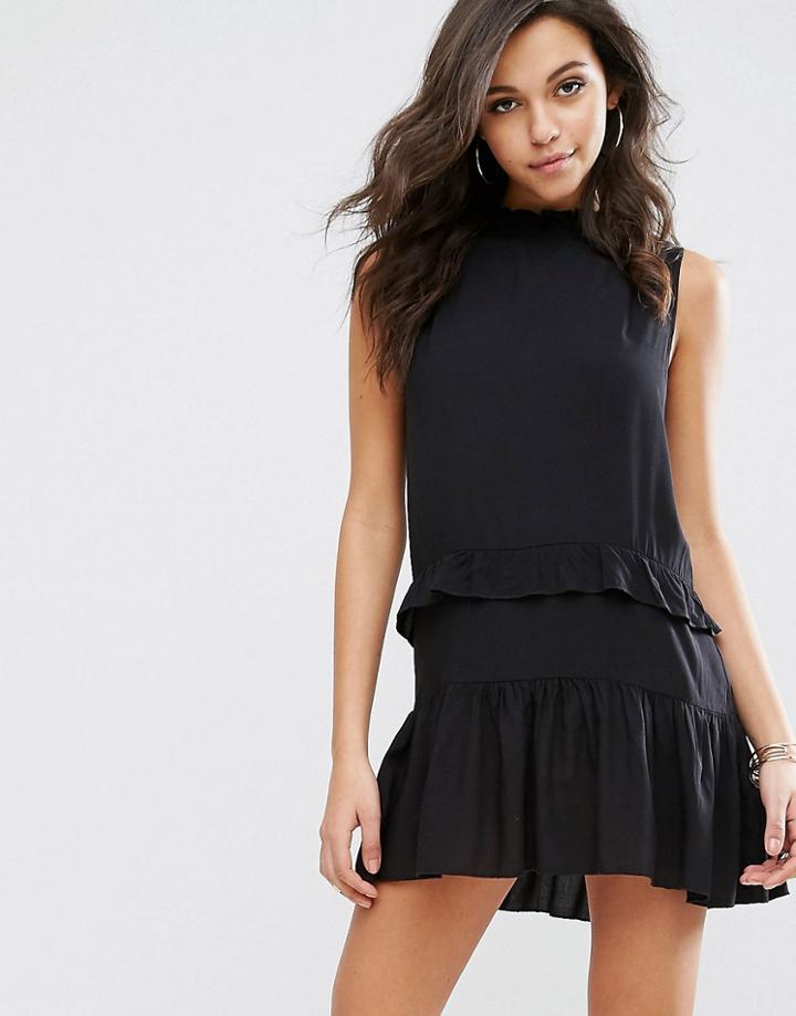 Prettylittlething Ruffle Detail Swing Dress - Black