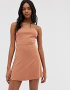 Asos Design Mini Square Neck Sundress In Rib - Brown