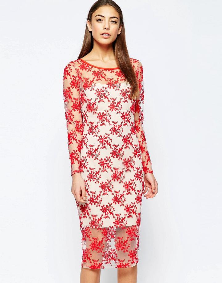 City Goddess Midi Dress In Sheer Floral Lace - White