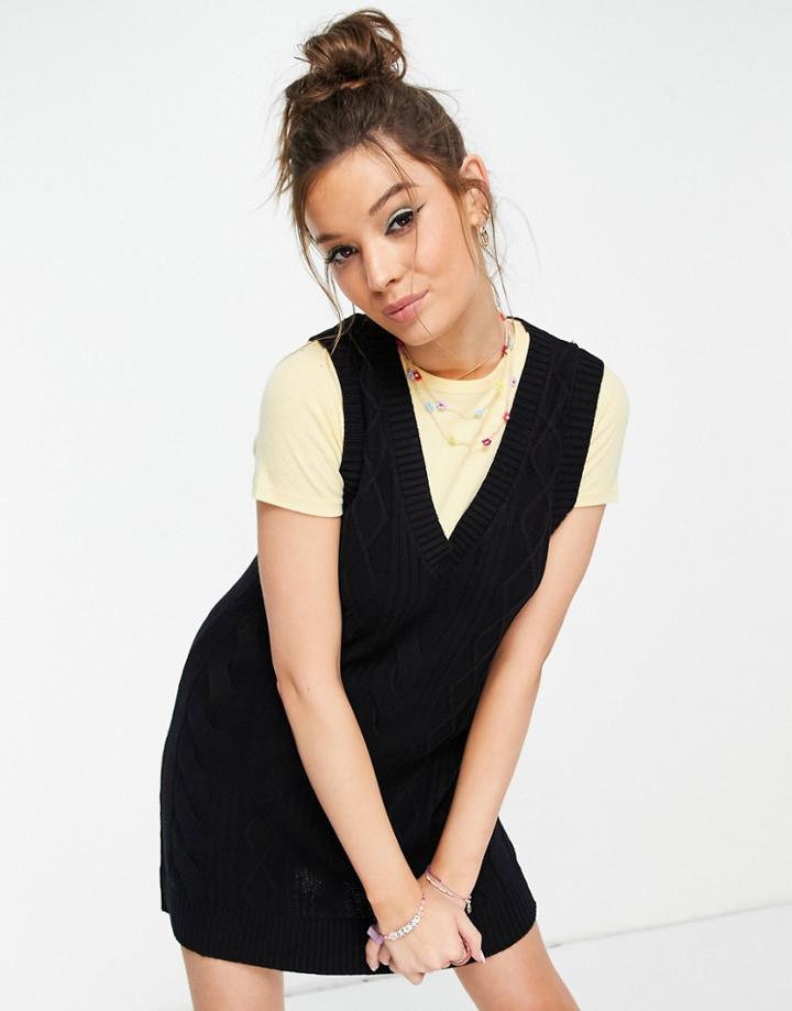 Monki Robin Cotton Knitted V Neck Sleeveless Mini Dress In Black - Black