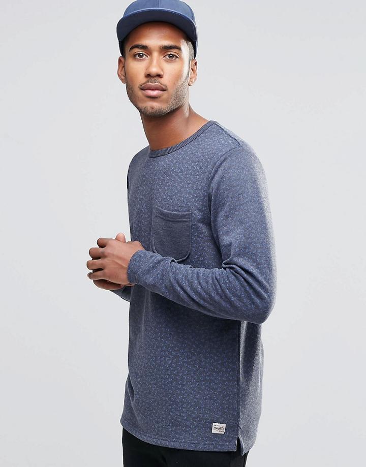 Jack & Jones Navy Long Sleeve Top With Pocket And Bird Print - Navy