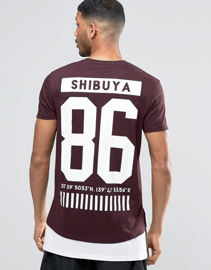 Asos Super Longline T-shirt With Contrast Hem And Japan City Back Print - Red