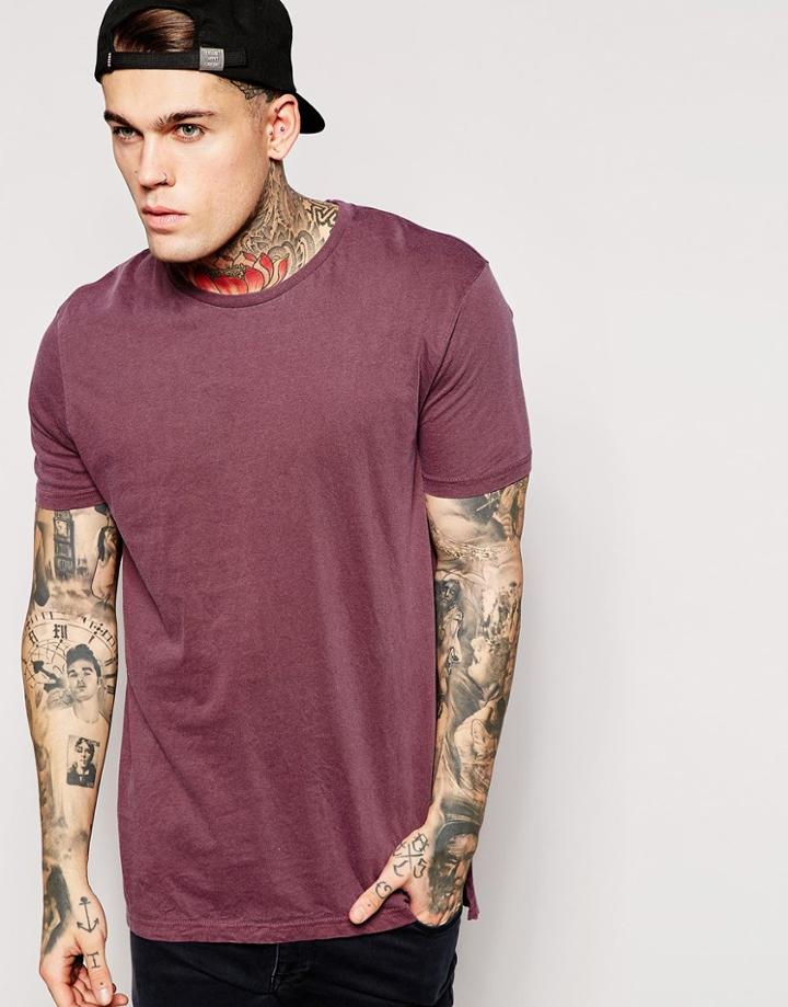 Asos Longline T-shirt With Vintage Look Pigment Dye And Stepped Hem Skater Fit - Burgundy