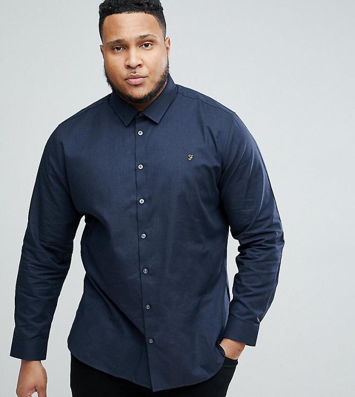 Farah Plus Slim Shirt In Hopsack - Navy