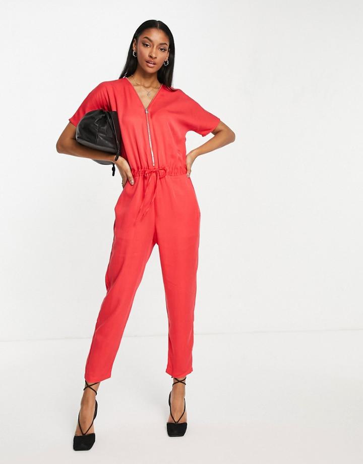 French Connection Short Sleeve Tie Waist Jumpsuit In Bold Red