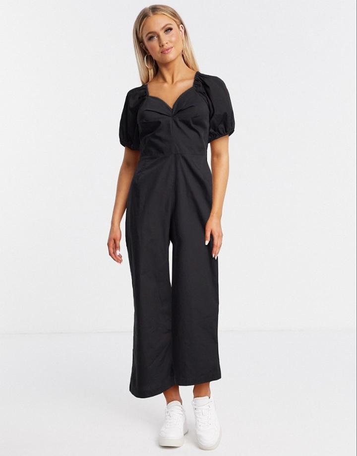 Monki Nala Organic Cotton Short Puff Sleeve Jumpsuit In Black