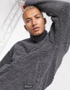 Asos Design Set Oversized Half Zip Sweatshirt In Washed Black Teddy With Badge-grey