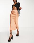 Asos Design Satin Bias Midi Skirt In Mocha-brown
