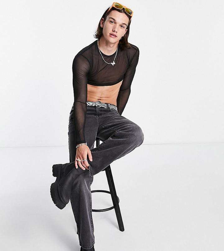 Collusion Long Sleeve Cropped Mesh T-shirt In Black