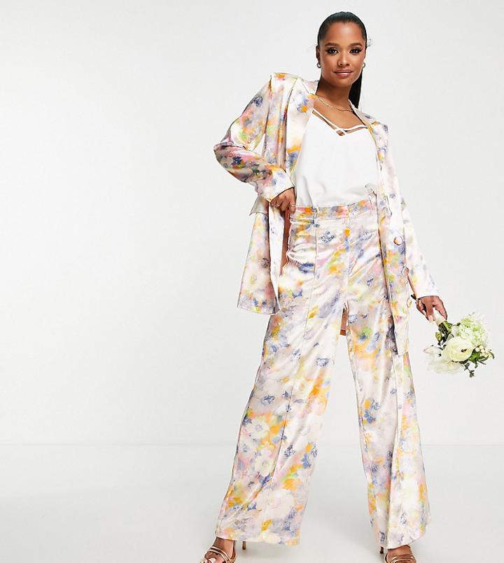 Liquorish Petite Bridesmaid Satin Tailored Pants In Soft Washed Pastel Floral - Part Of A Set-multi