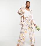 Liquorish Petite Bridesmaid Satin Tailored Pants In Soft Washed Pastel Floral - Part Of A Set-multi