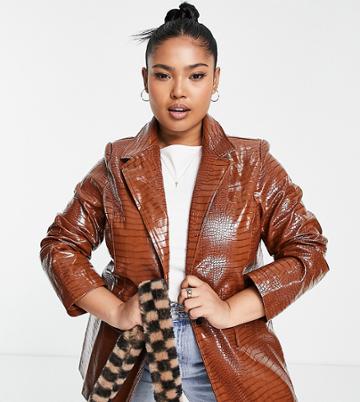 Glamorous Curve Relaxed Blazer In Brown Faux Croc