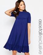 Asos Tall High Neck Swing Dress With Frill Hem - Navy