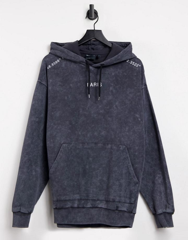 Asos Design Oversized Hoodie In Black Acid Wash With Paris City Prints