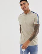 Asos Design Organic Polo Shirt With Rainbow Shoulder Taping In Beige