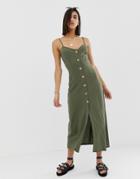 Asos Design Maxi Slubby Cami Swing Dress With Faux Wood Buttons - Green