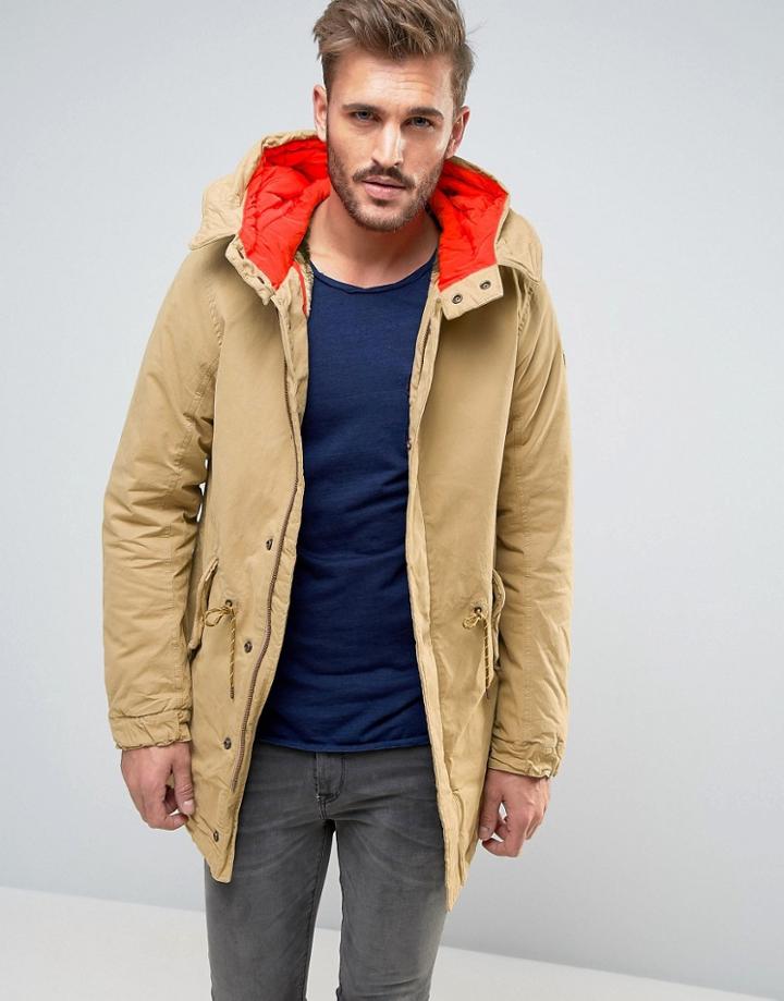 Scotch & Soda Long Parka With Lining - Beige