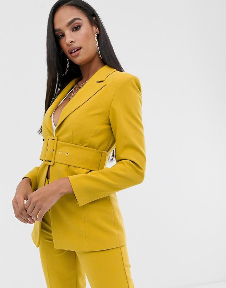 Club L London Longline Blazer With Belt Detail In Yellow