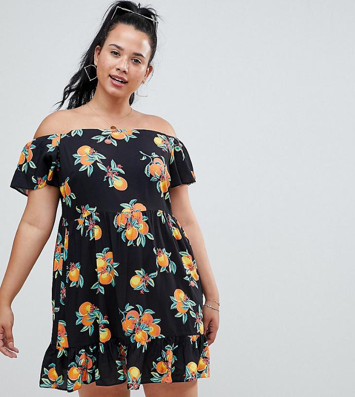 Asos Design Curve Off Shoulder Sundress With Pep Hem In Orange Print - Multi